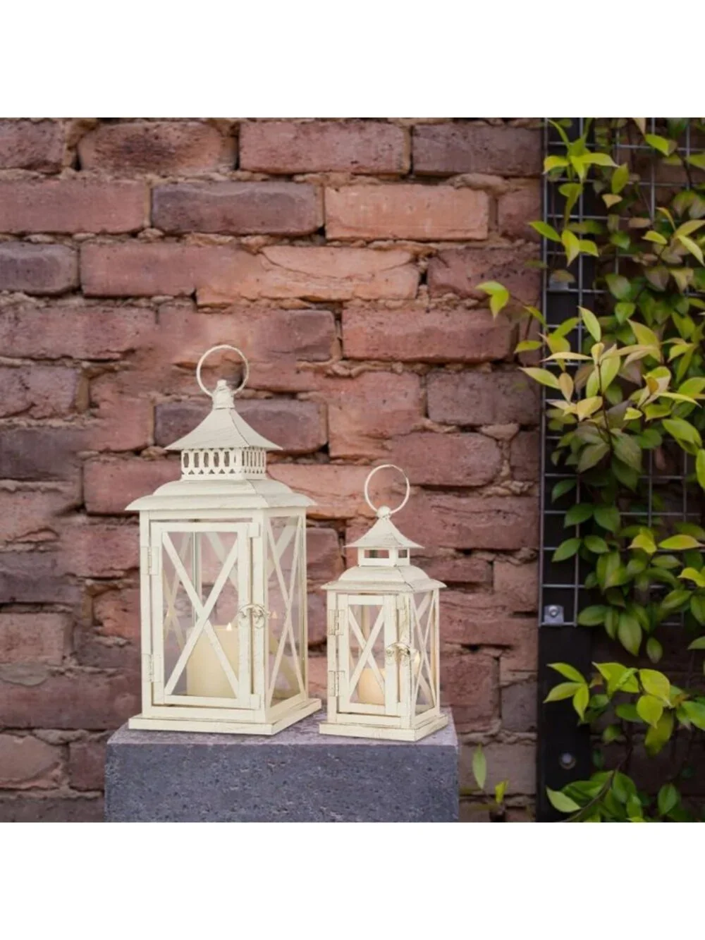 Set of 2 Beige Metal Lanterns with Glass - Decorative Candle Holders for Indoor